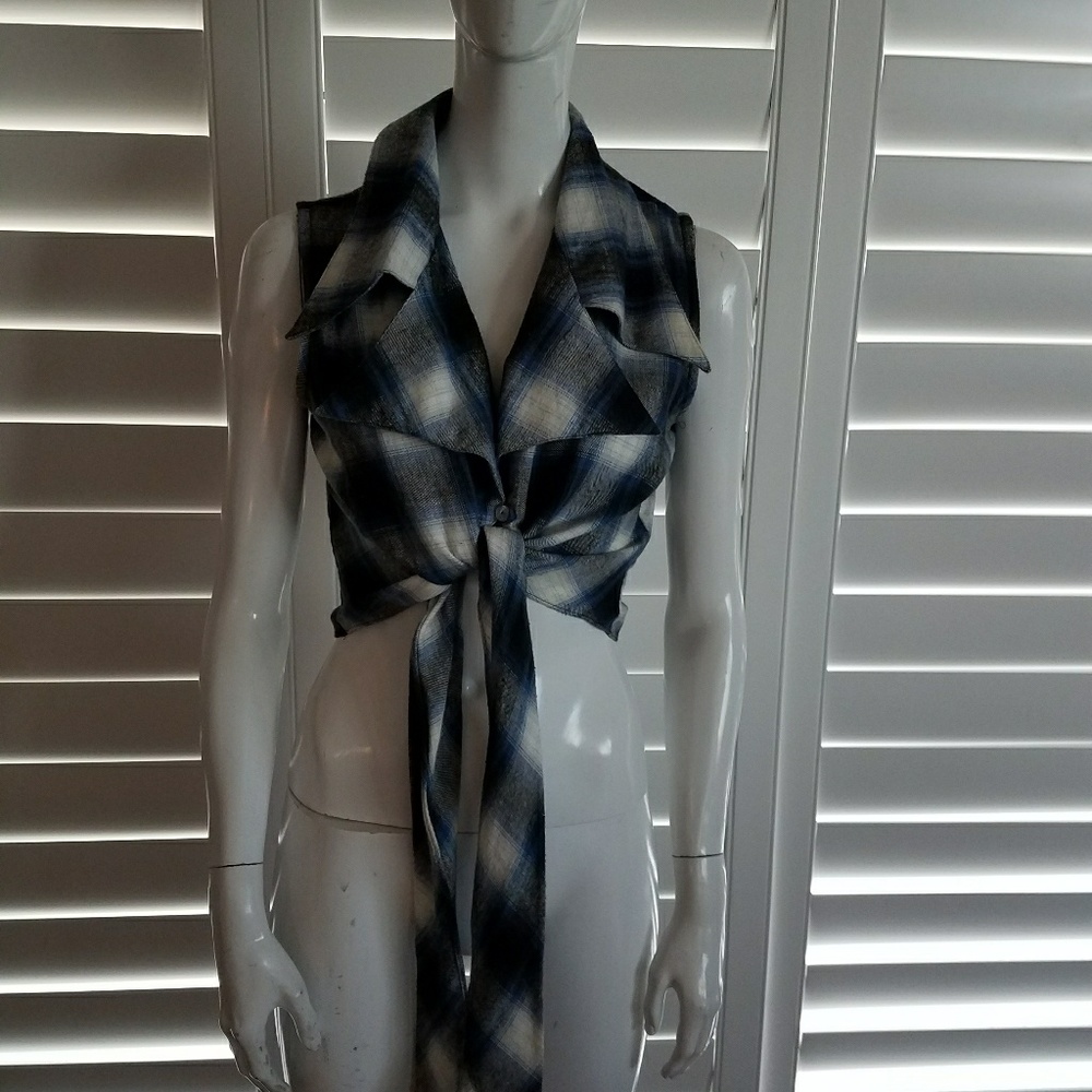Sexy blue/black/gray/white plaid tie top.